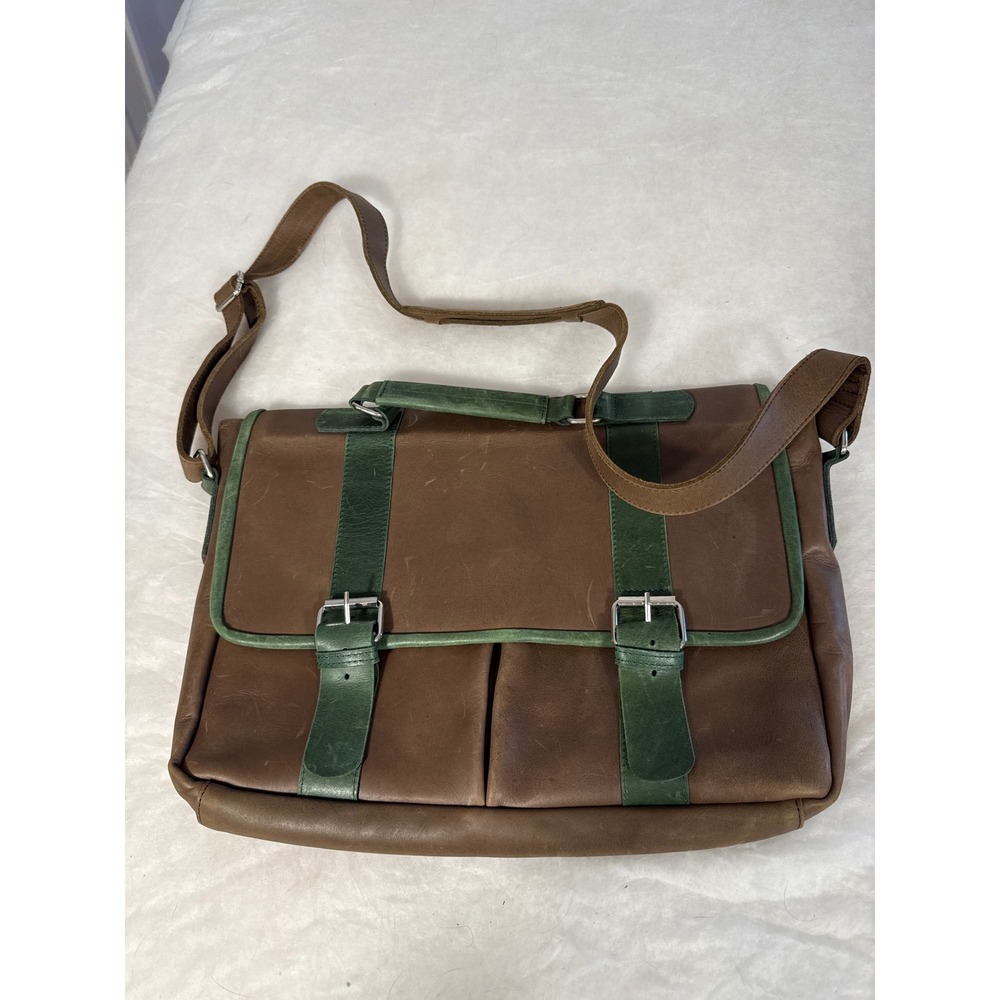Mens Brown Leather Messenger Bag Green Trim Satchel Laptop Briefcase Crossbody